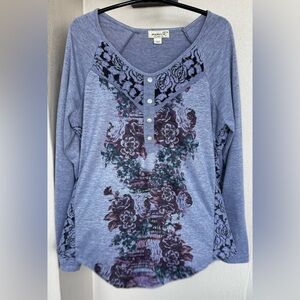 One World Womens Top Purples Floral Embroidered Lace Long Sleeve Pullover Medium